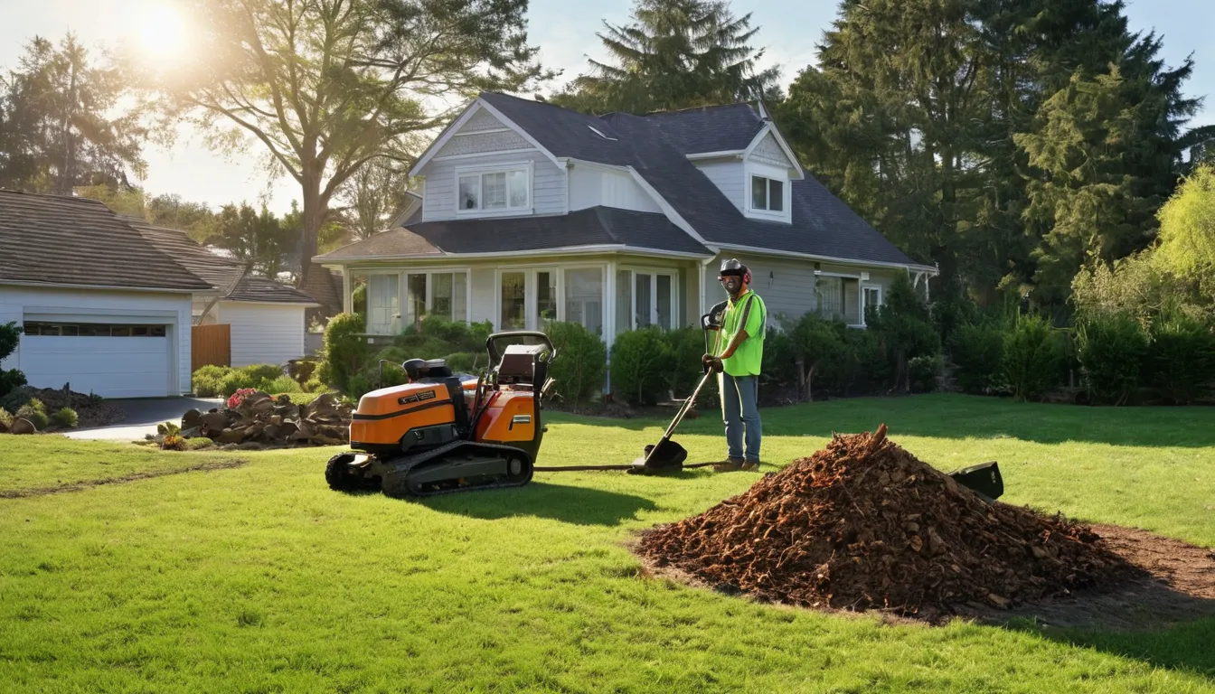 A local provider grinding a tree stump in a home yard in Wilmington